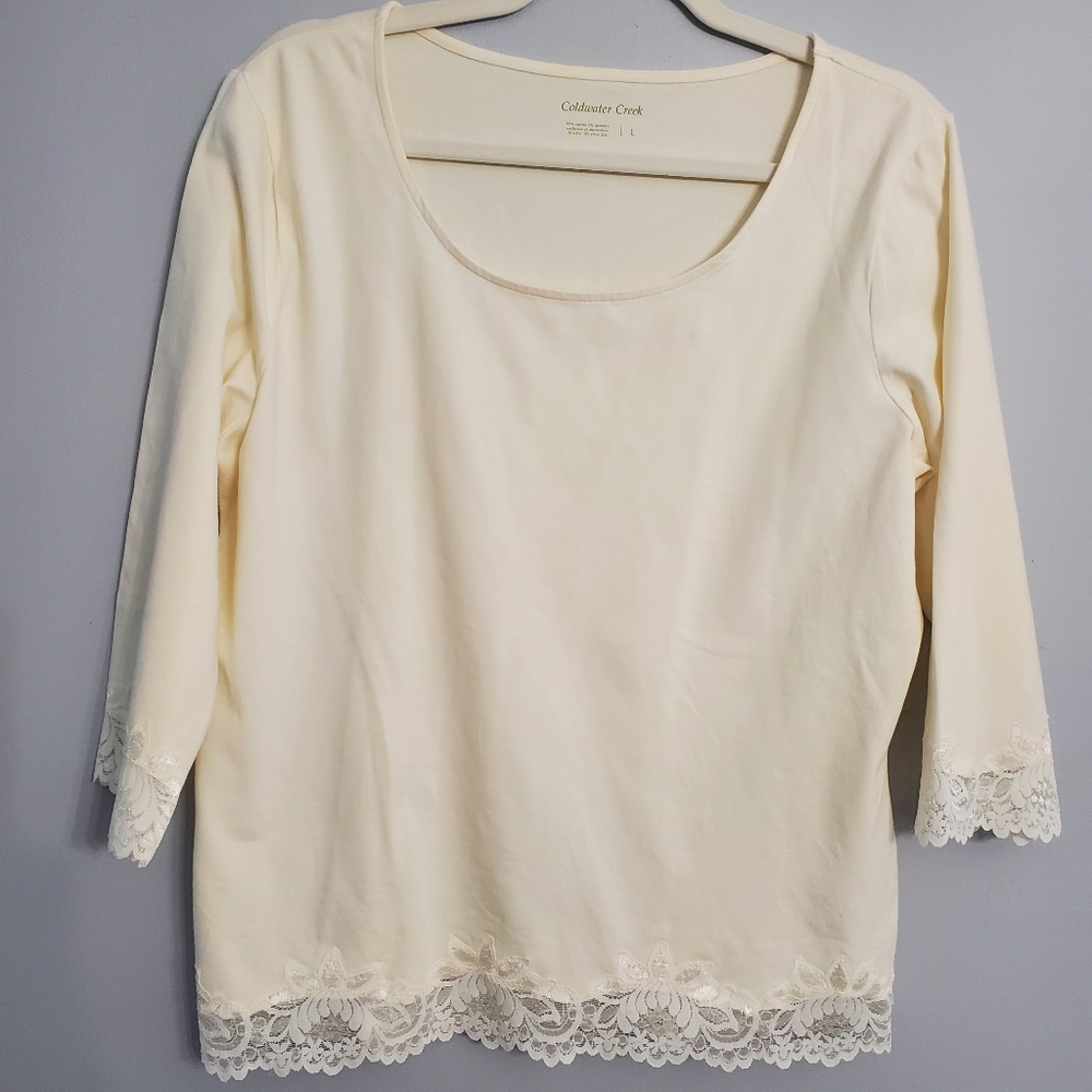 Coldwater Creek Cream Lace Trim Knit Top 3/4 Sleeve Feminine Sz L NWOT